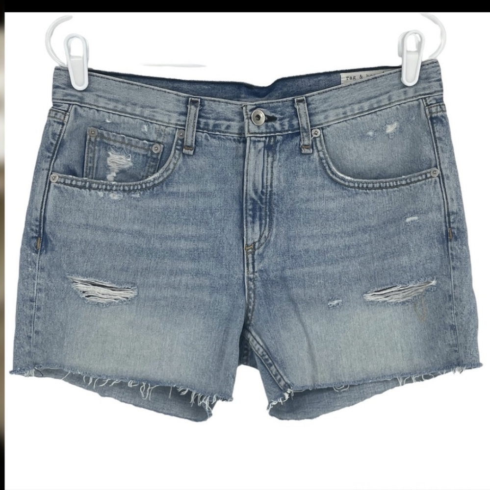 RAG AND BONE DISTRESSED RAW HEM BOYFRIEND SHORT BLUE DENIM JEAN 25
